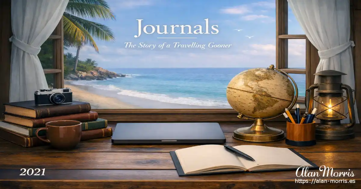 Writing desk with books, camera and notebook facing a tropical beach view.
