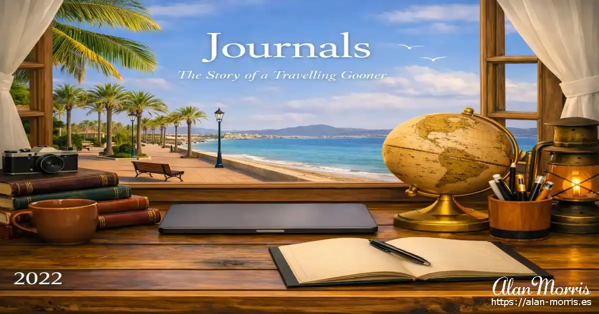 Open window overlooking a sunny beach promenade with palm trees, seen from a desk with books, a camera, a coffee cup, a globe and a notebook.