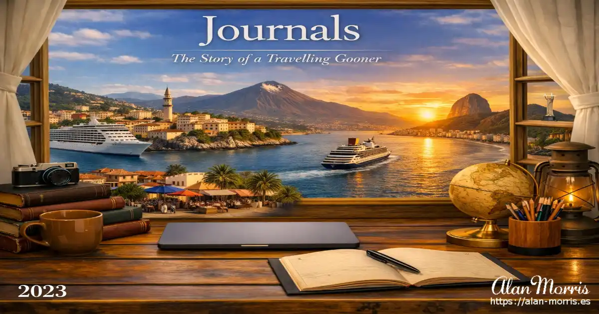 Window view of a sunset coast with cruise ships and a lighthouse, with travel items on a desk