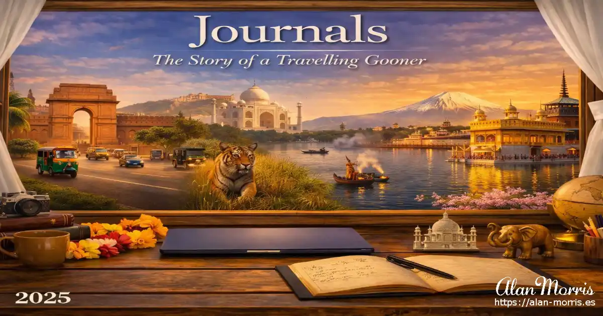 A travel‑themed desk overlooking a sunset scene with Indian landmarks, boats, and a tiger.