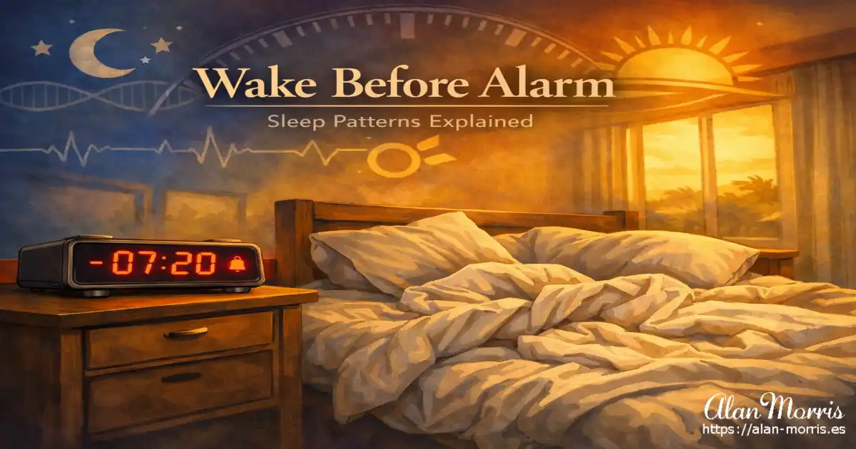 Alan waking up at sunrise, alarm clock showing 07:20.