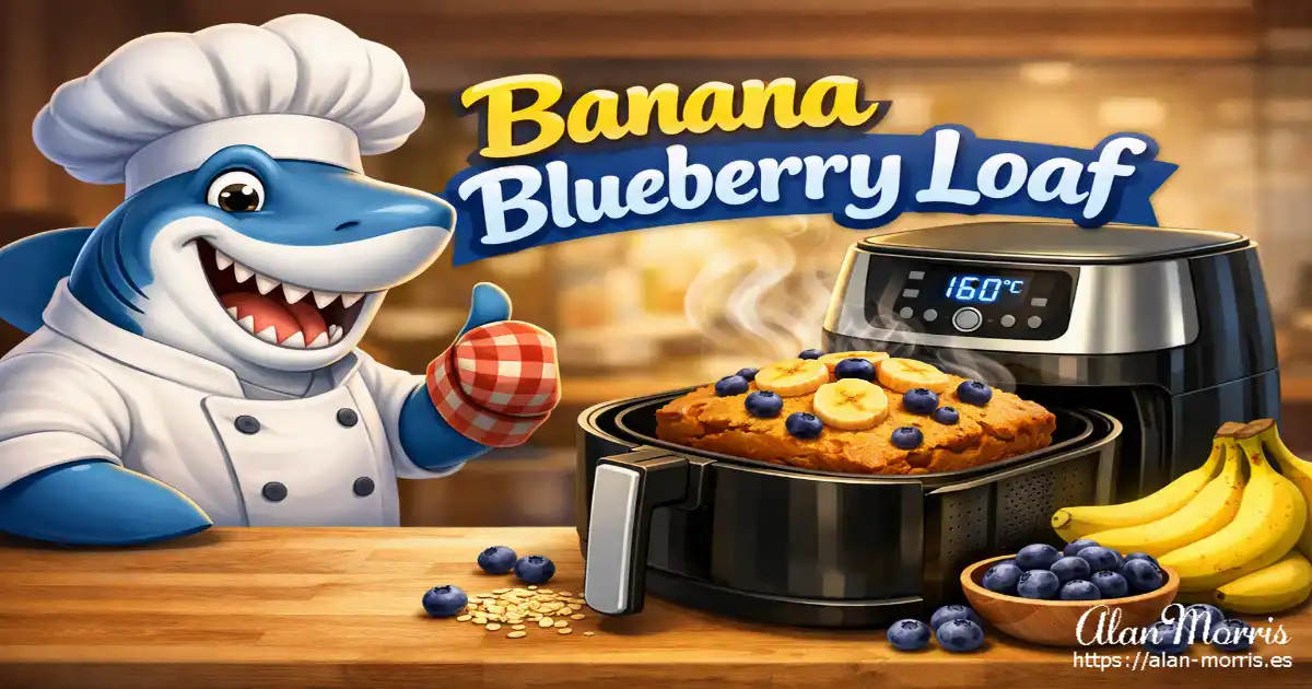 A cartoon shark chef stands by an air fryer with a steaming banana‑blueberry loaf in a warm kitchen.