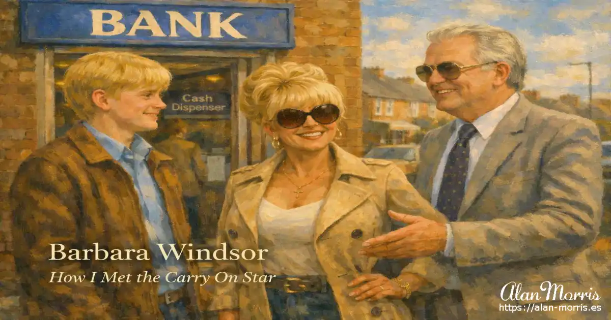 Barbara Windsor wearing large round sunglasses stands smiling between a young blond man and an older man outside a brick bank in Hilsea.