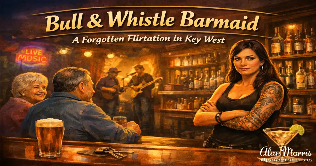 Barmaid with tattoo sleeve standing behind a bar in Key West