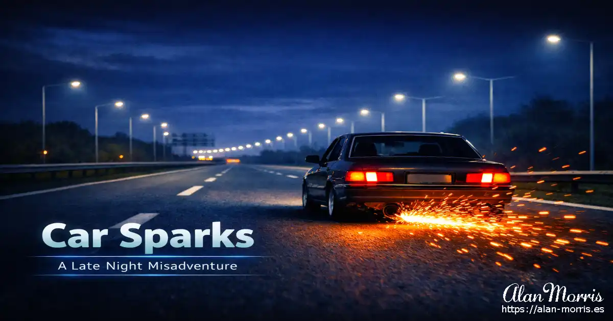 Car driving along an empty motorway at night with sparks flying from the exhaust.