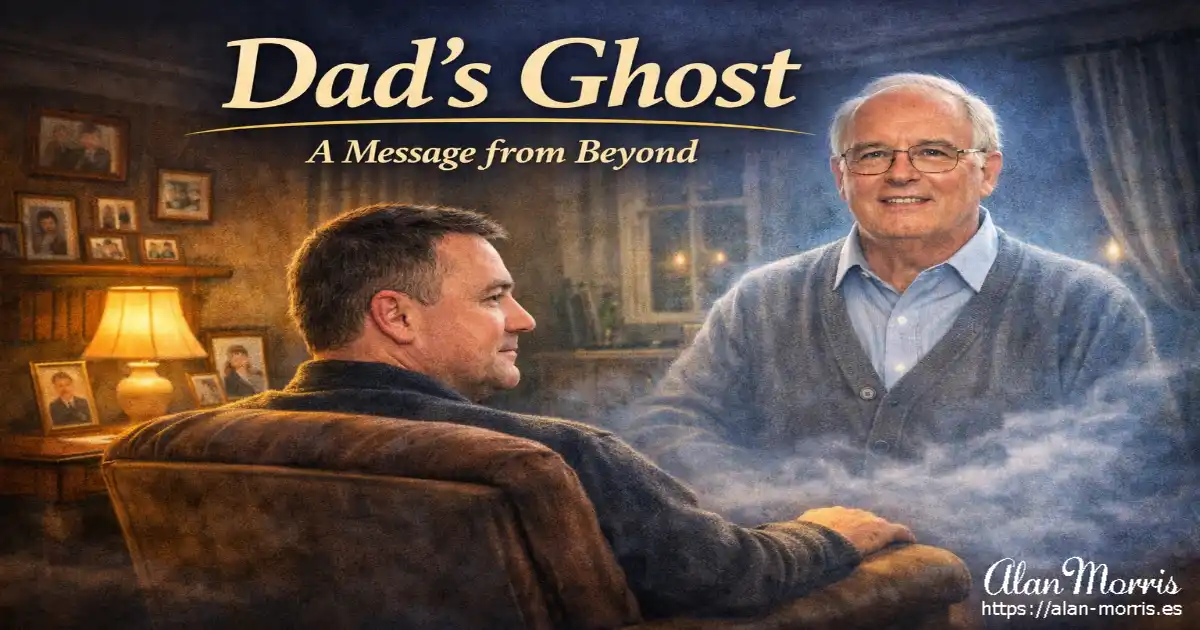 Man sitting in an armchair looking toward the glowing spirit of his father
