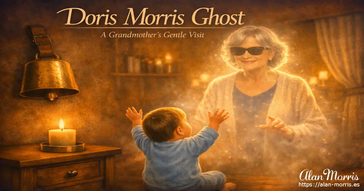Child reaching toward the glowing spirit of his grandmother wearing black‑lens glasses
