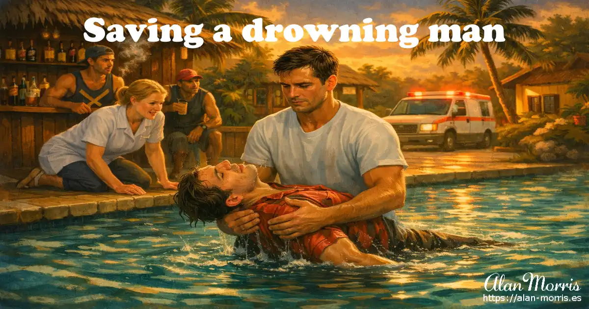 Man rescuing a drowning man in a swimming pool in Jamaica.