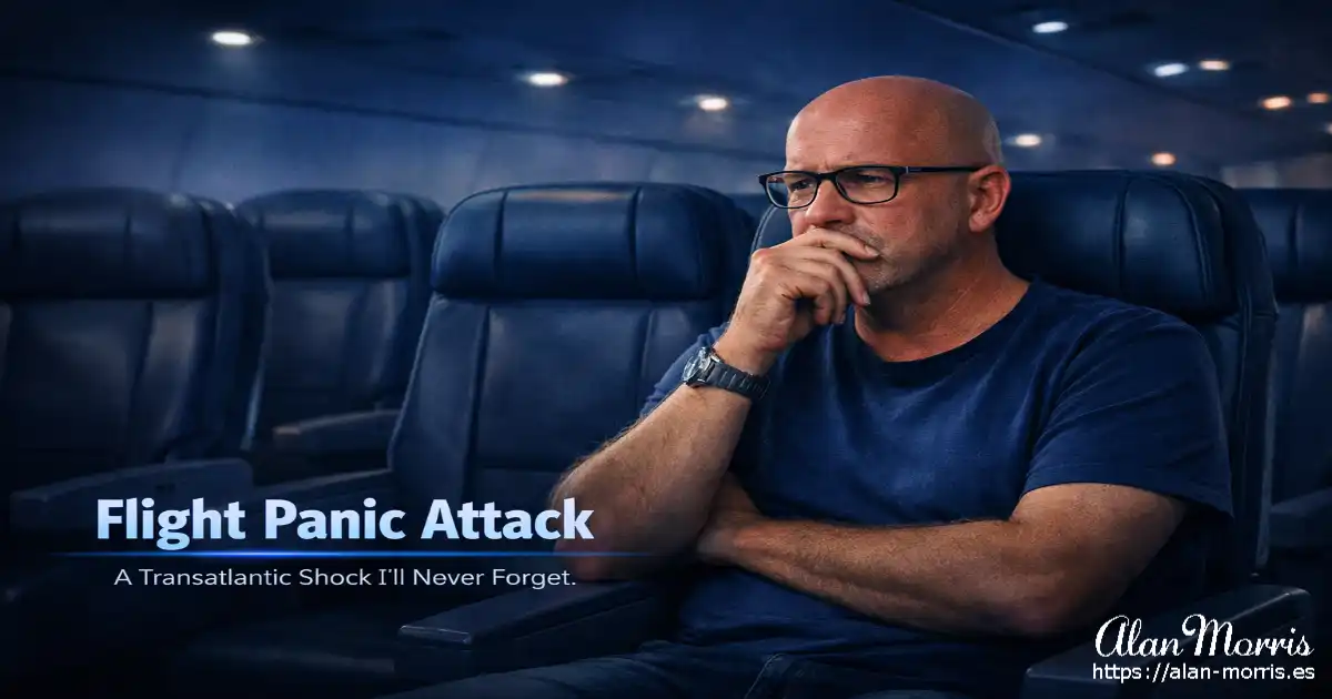 Man sitting in an airplane cabin, looking anxious under cool blue lighting.