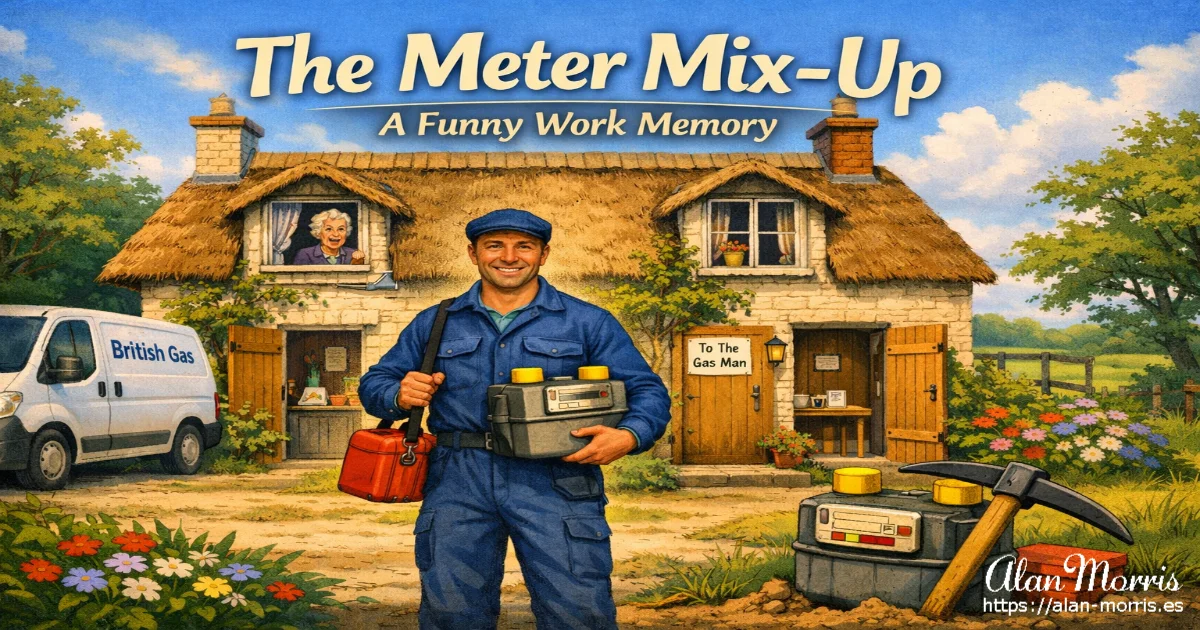 Gas engineer holding a meter outside a split cottage.