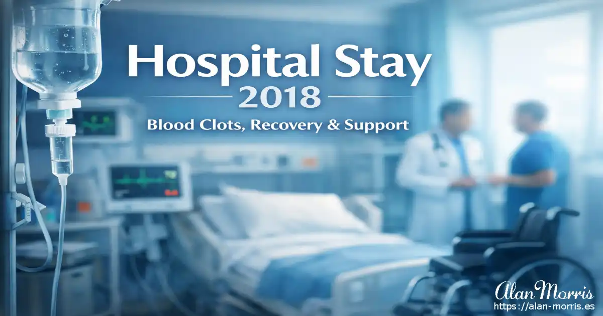 Hospital room with IV drip, bed, monitors, and doctors in background.