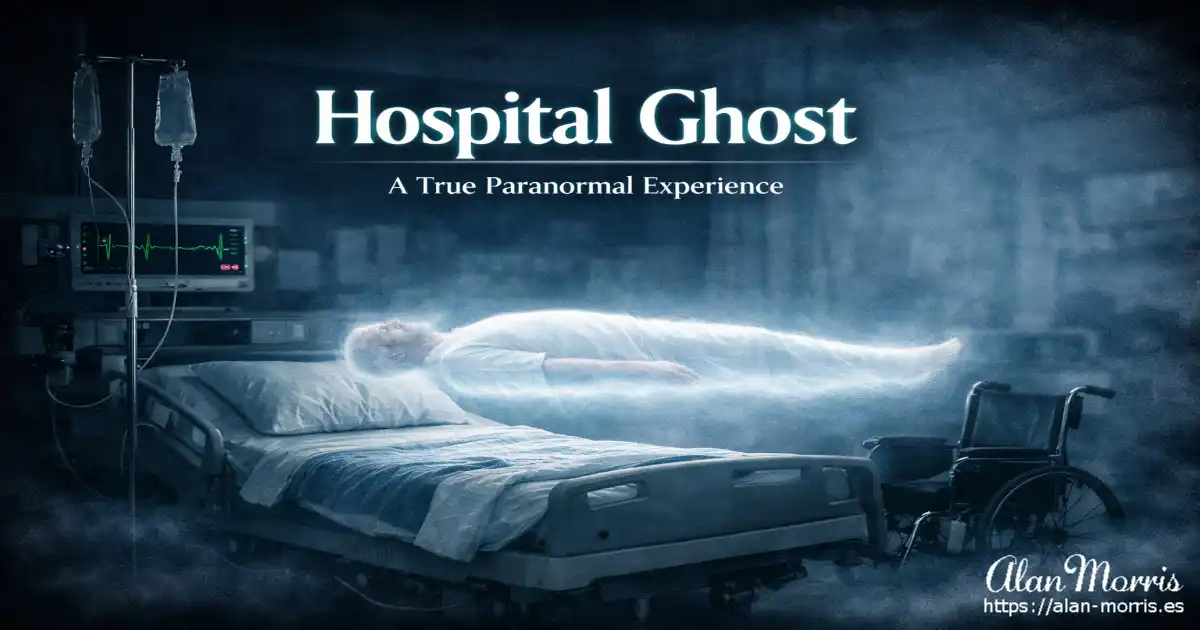 Ghostly figure rising vertically from hospital bed in dim, hospital room.