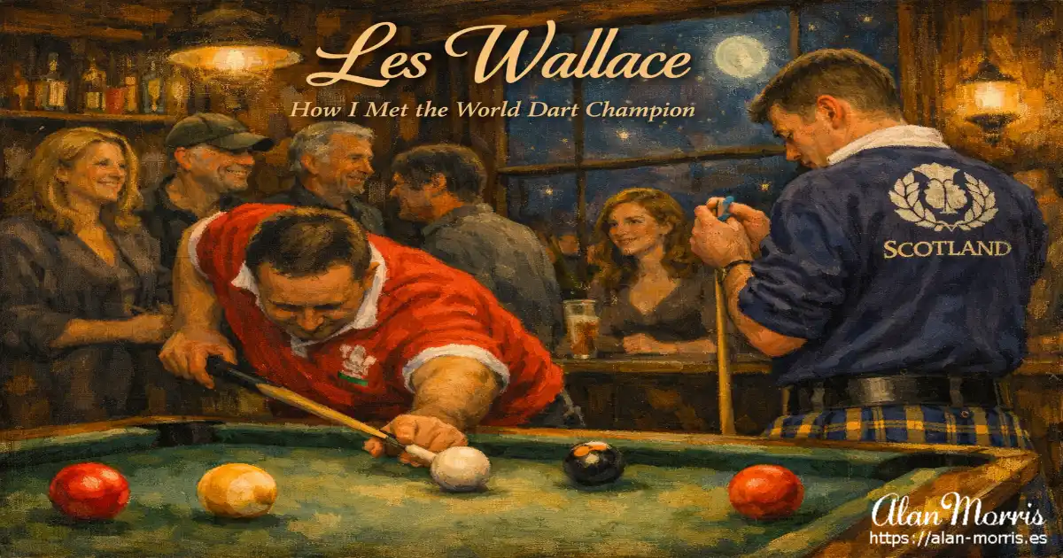 Pool game with Welsh and Scottish rugby players under a moonlit window.
