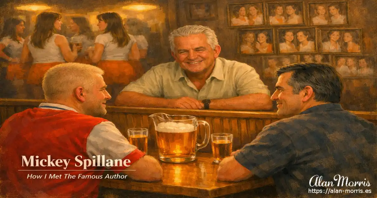 Alan and Martin seated opposite each other at a wooden table in a Hooters bar, facing Mickey Spillane with a pitcher of beer between them.