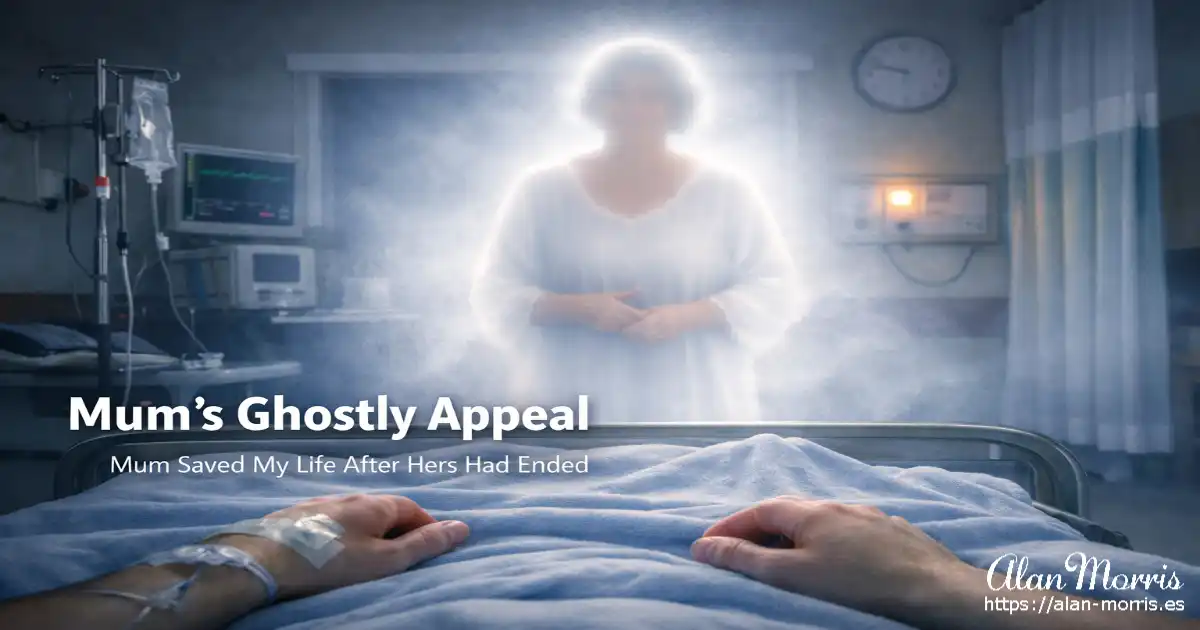 Patient in hospital bed looking toward a glowing ghostly woman at the foot of the bed.