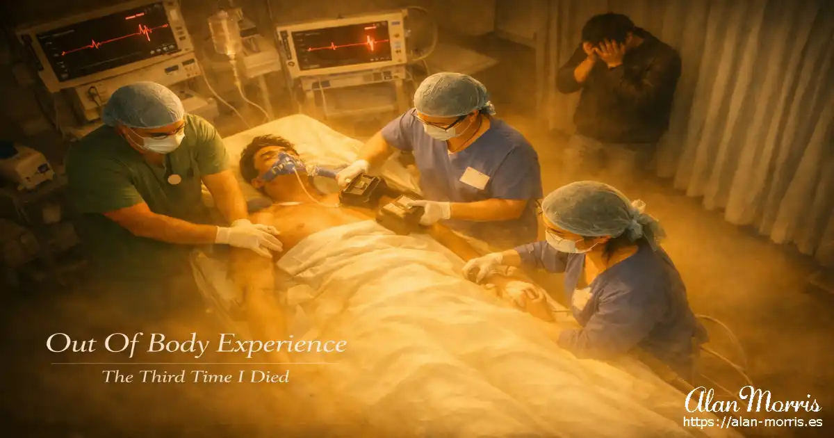 Hospital team performing resuscitation on a patient under warm golden light, with a distressed man in the corner.