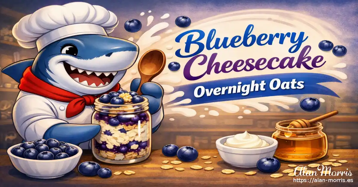 Sharky the shark chef smiling and holding a jar of blueberry overnight oats with honey, yogurt, and blueberries on a kitchen counter.