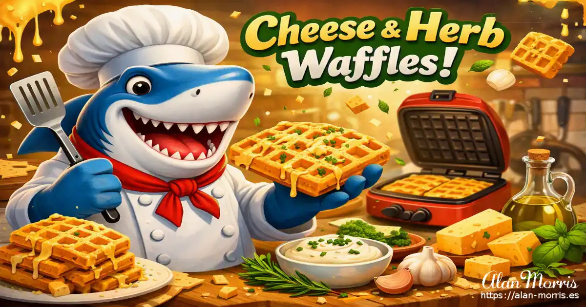 Cheerful chef shark holding cheese‑topped waffles in a bright kitchen scene.