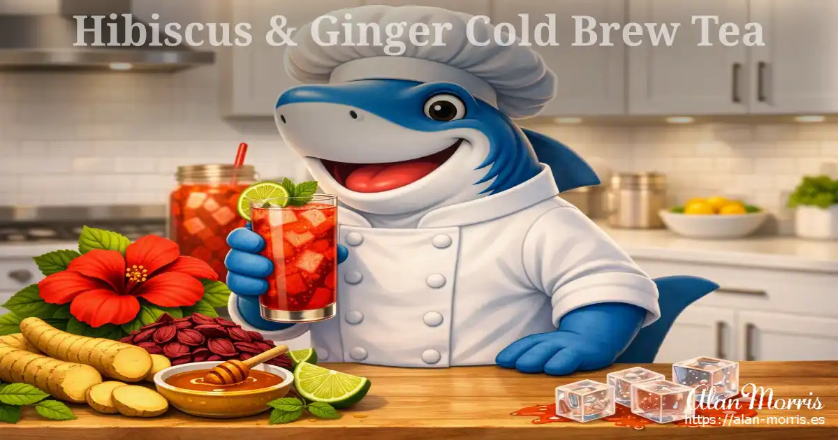Chef shark smiling behind a modern kitchen counter holding hibiscus ginger tea with ingredients displayed.