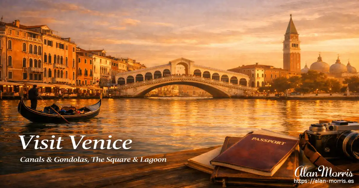 A Venice panorama with a gondola travelling a canal with Rialto Bridge in the background.