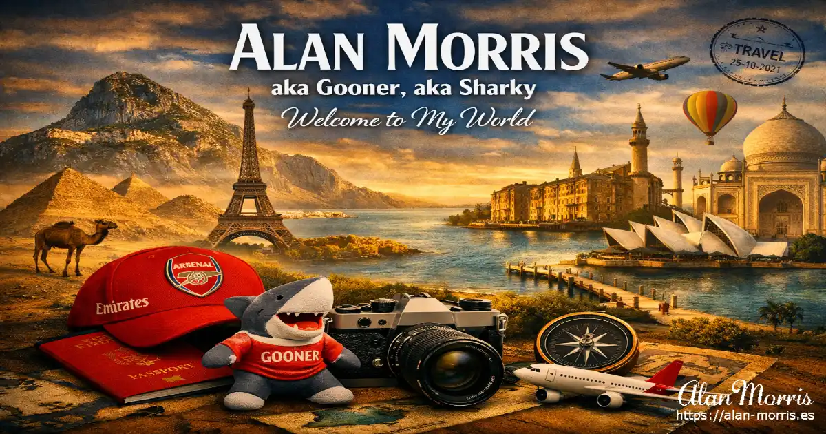 Travel‑themed collage with world landmarks, an Arsenal cap, a shark toy, and travel gear.