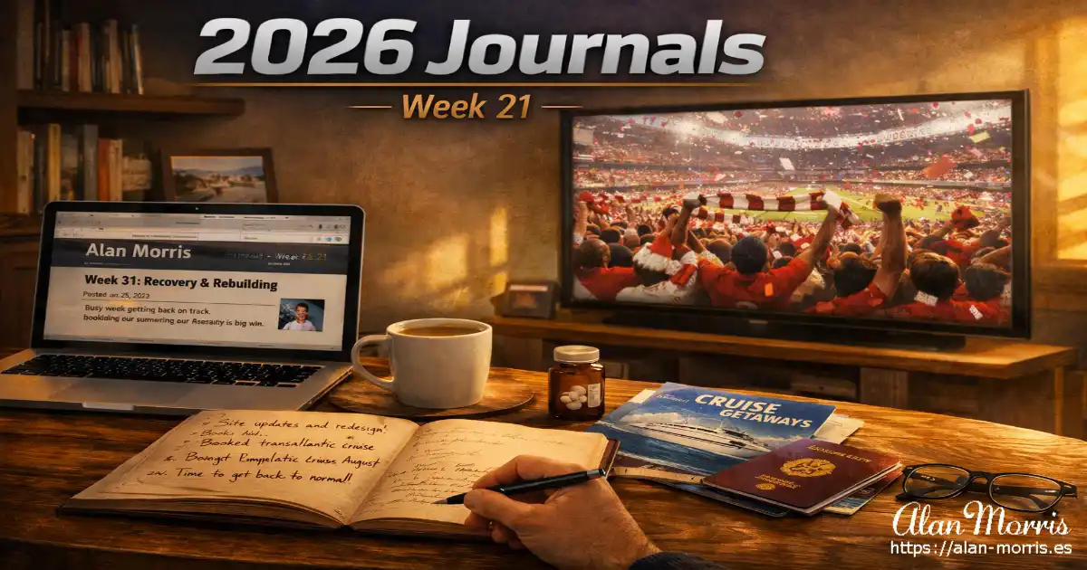 Indoor desk scene with laptop, notebook, coffee mug, and TV showing Arsenal fans celebrating.