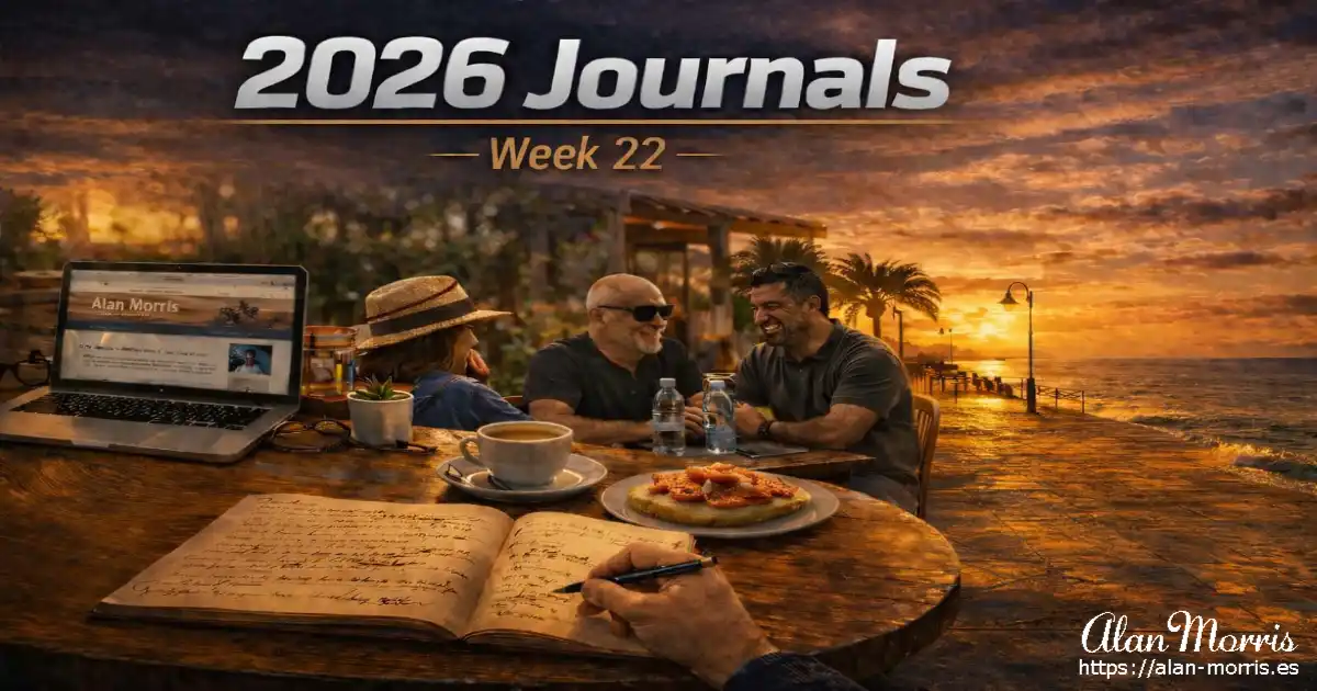Sunset café table with a journal, coffee, pastries, and a laptop; people and palm trees by the sea in the background.