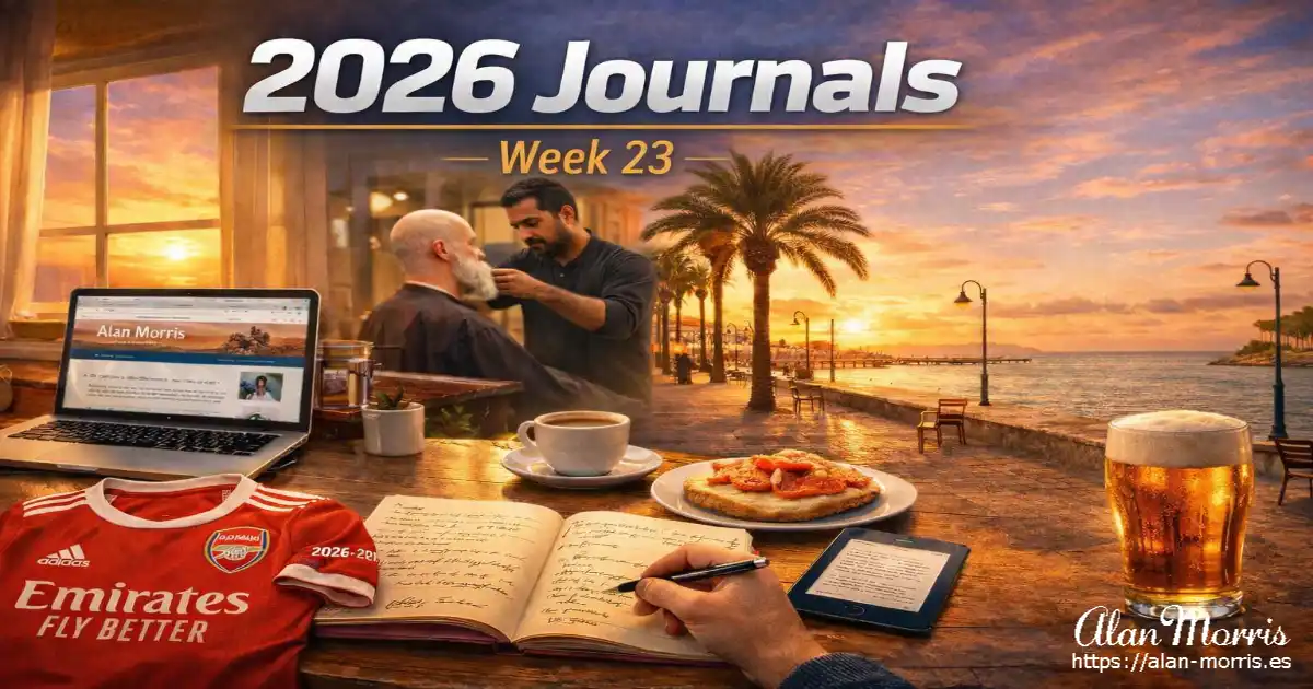 Mediterranean promenade at sunset with barber and journal table.