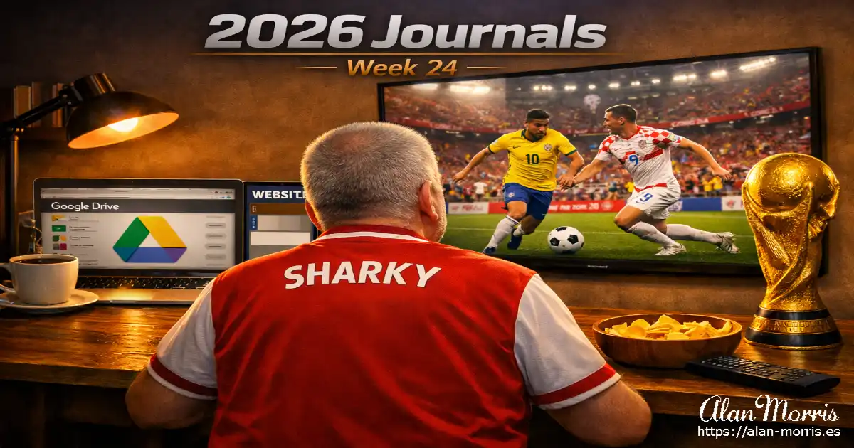 Older man in an Arsenal shirt labeled “SHARKY” watches a World Cup match on a wall‑mounted TV beside his warm‑lit desk.