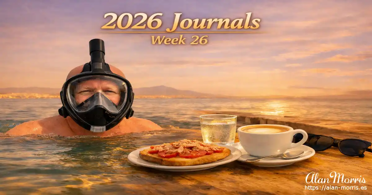 Alan Morris snorkelling in the Mar Menor and his breakfast on the beach