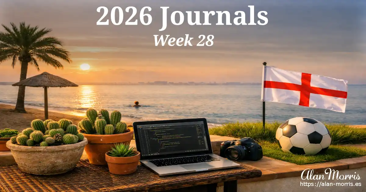 View from a Los Alcázares balcony with cacti, laptop, camera, English flag, football, and the hazy La Manga Strip across the Mar Menor.