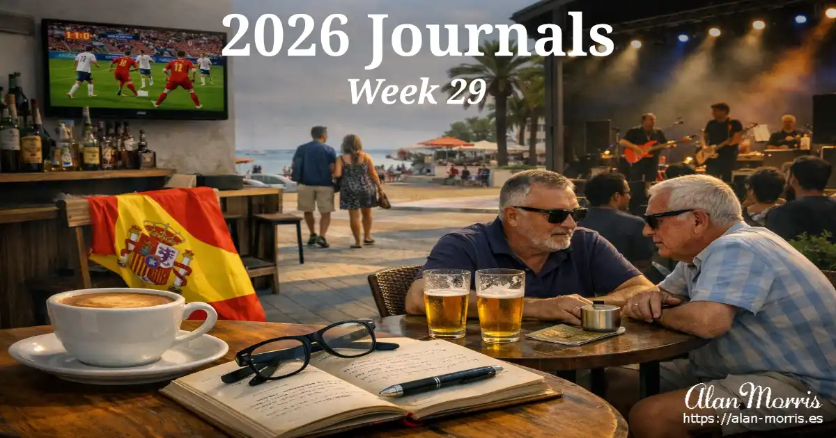 Beachside café scene with coffee, two men, Spanish flag, TV showing Spain match, and a concert in the background.