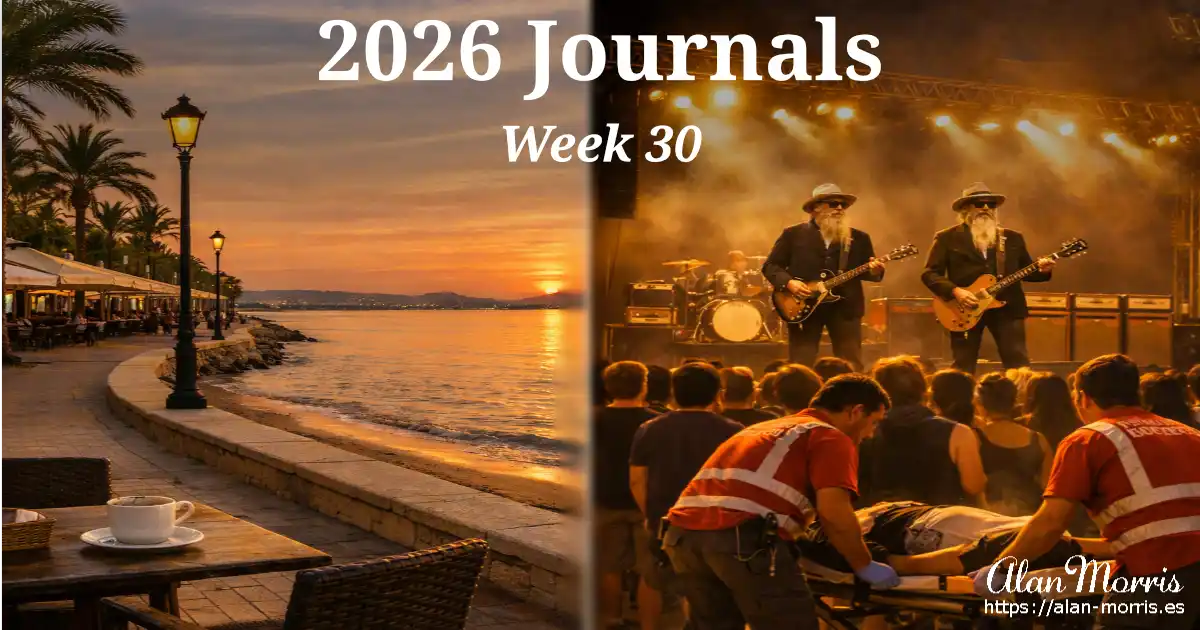 Coastal sunset promenade on the left; concert stage with guitarists and medics attending someone on the right.