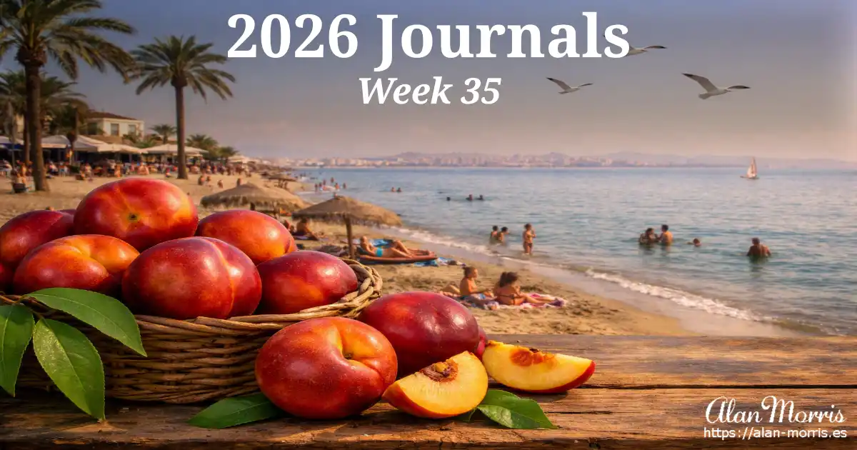 Basket of nectarines on Los Alcázares beach with hazy La Manga in the distance.