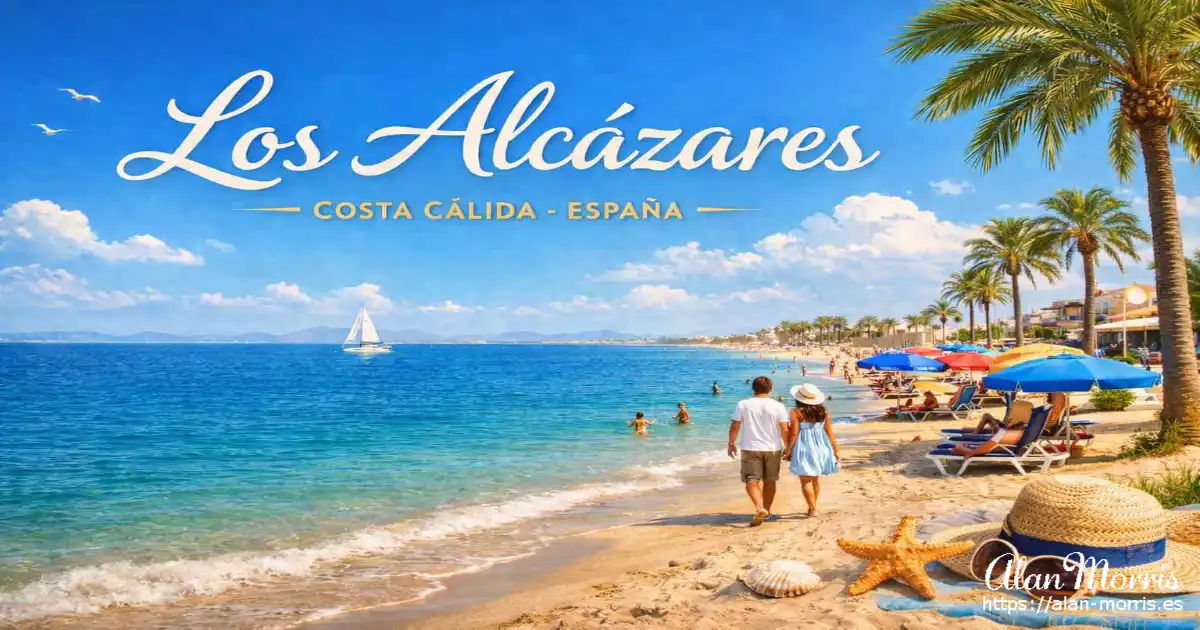 Los Alcazares beach with people on the beach.