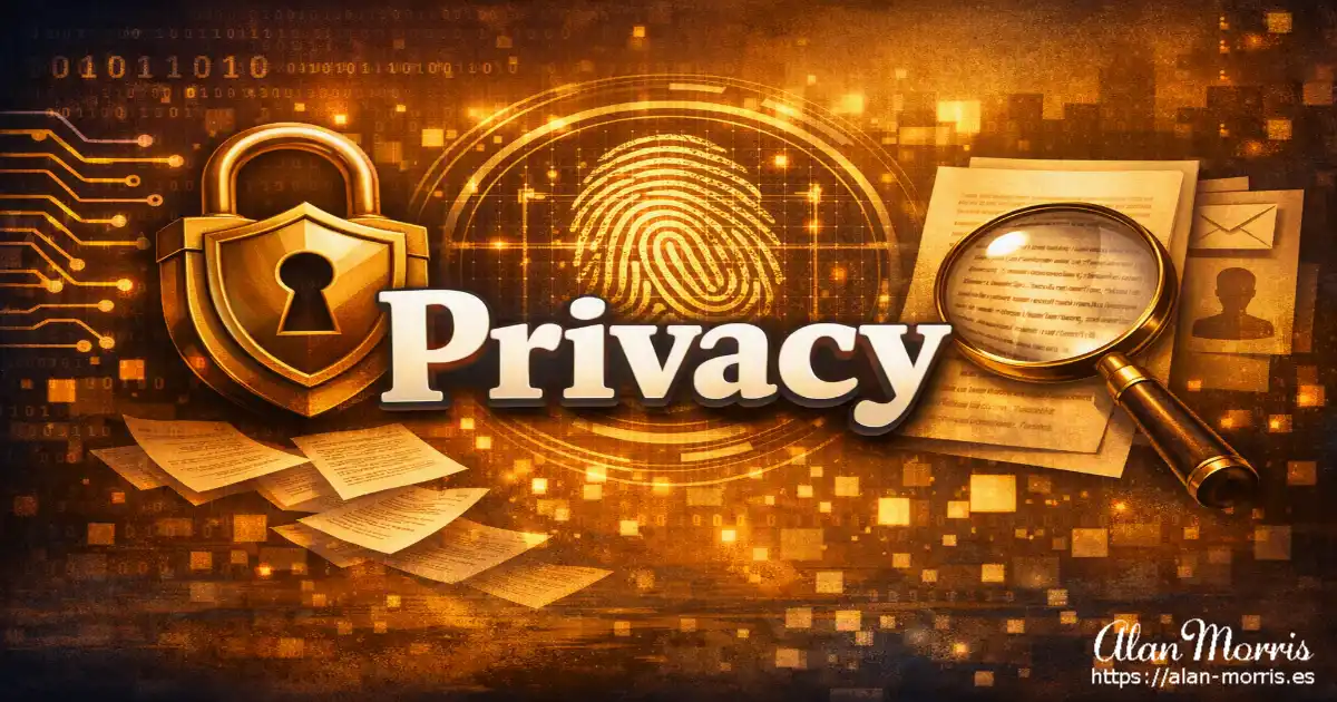 Privacy-themed digital graphic with fingerprint, shield, documents, and circuitry.