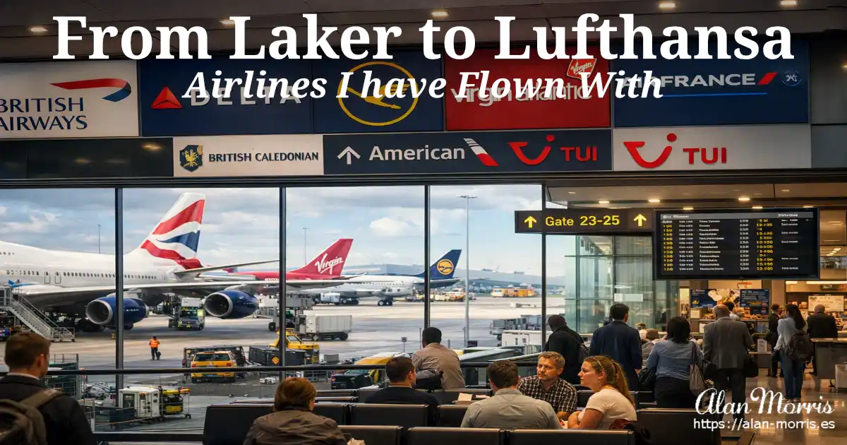 Airport terminal scene with multiple airline logos and planes on the tarmac.