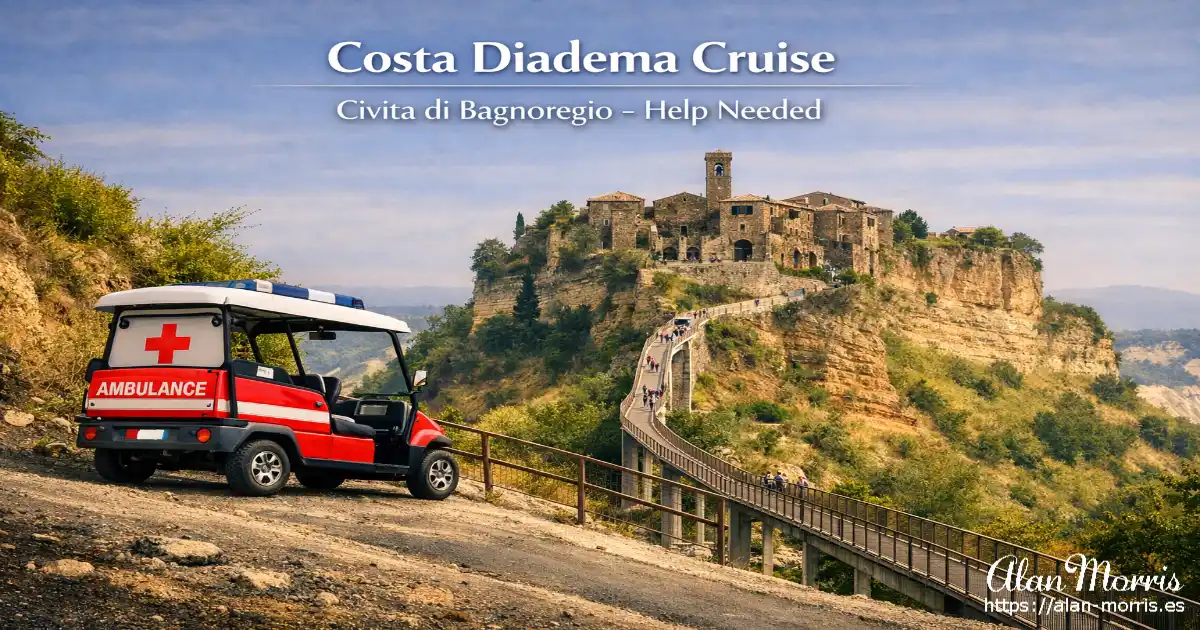 Small red electric ambulance golf cart on the slope before the bridge to Civita di Bagnoregio 
