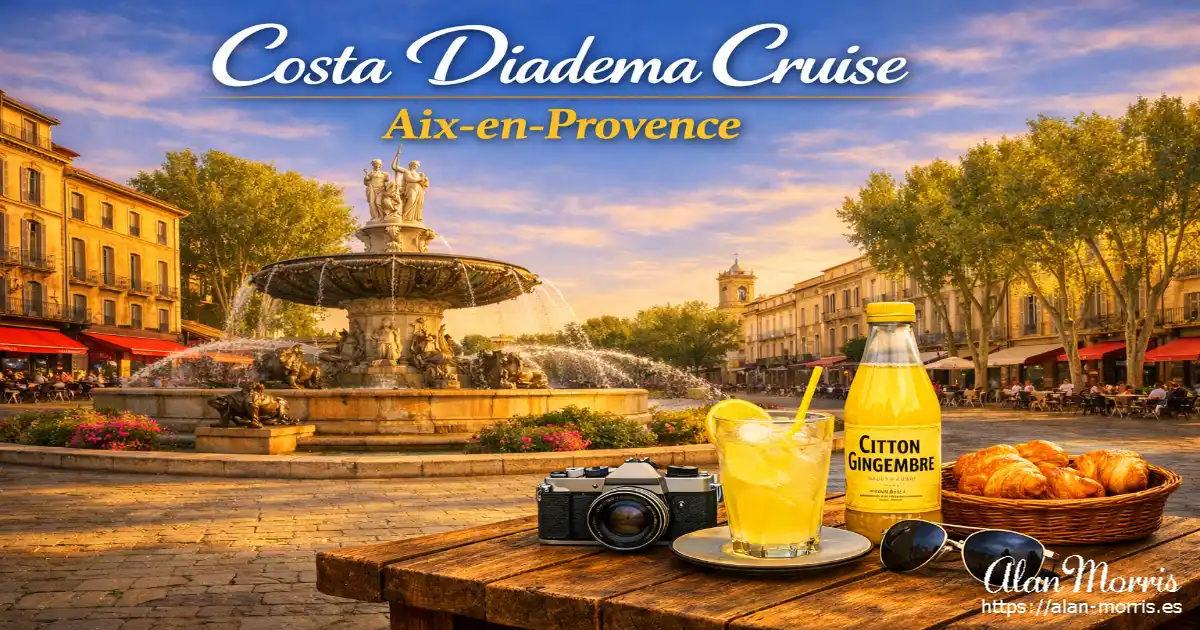 Aix‑en‑Provence’s Fontaine de la Rotonde with cafés, lemonade, camera, croissants, and sunglasses on a table in the foreground.