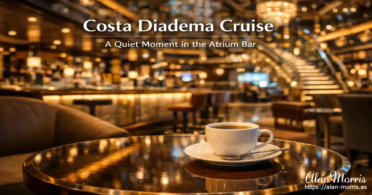 Coffee cup on a polished table in Costa Diadema’s atrium bar.