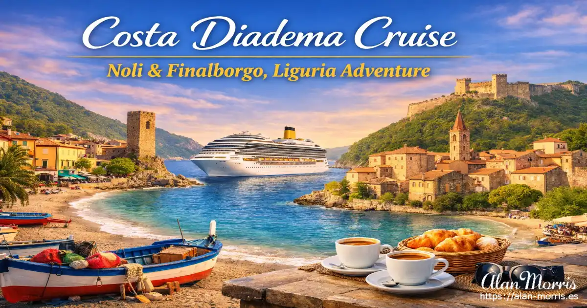 Costa Diadema cruise ship off the Ligurian coast with Noli beach, Finalborgo village, and coffee cups in the foreground.