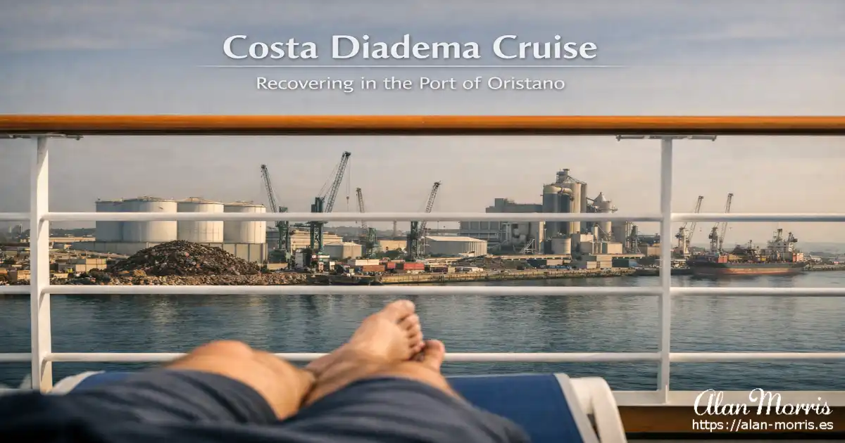 View from a cruise‑deck lounger through railings toward Oristano’s industrial port under a hazy sky.