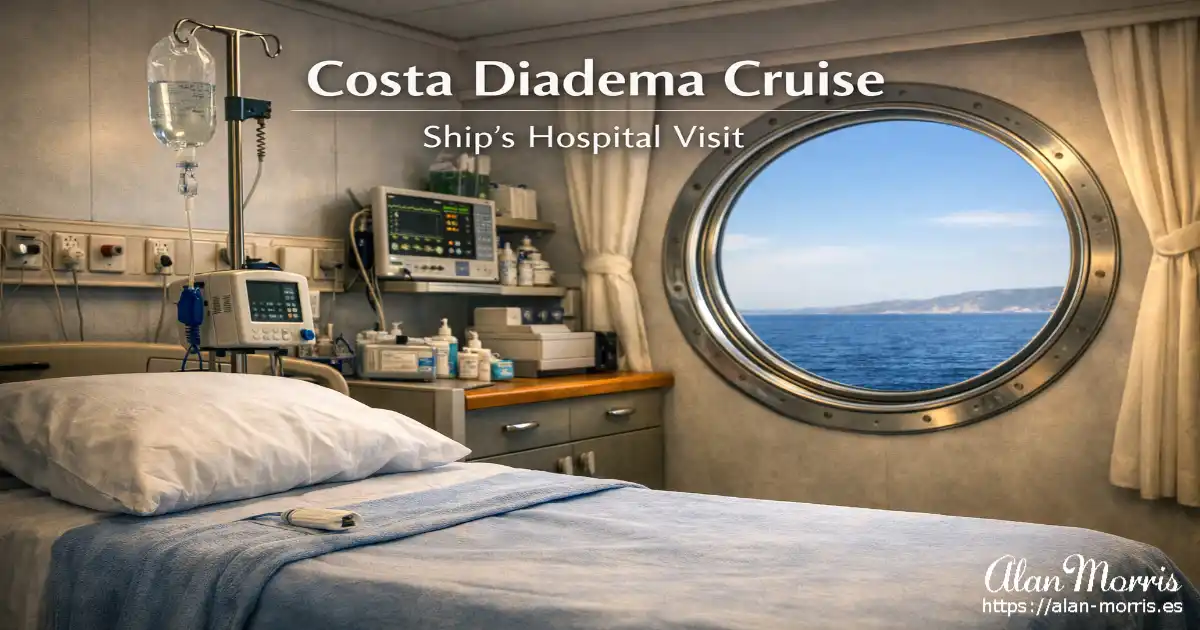 Hospital bed in the Costa Diadema ship’s medical centre with a porthole view of the Mediterranean.