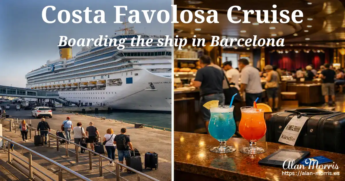 Costa Favolosa docked in Barcelona; onboard bar with cocktails and passengers relaxing.