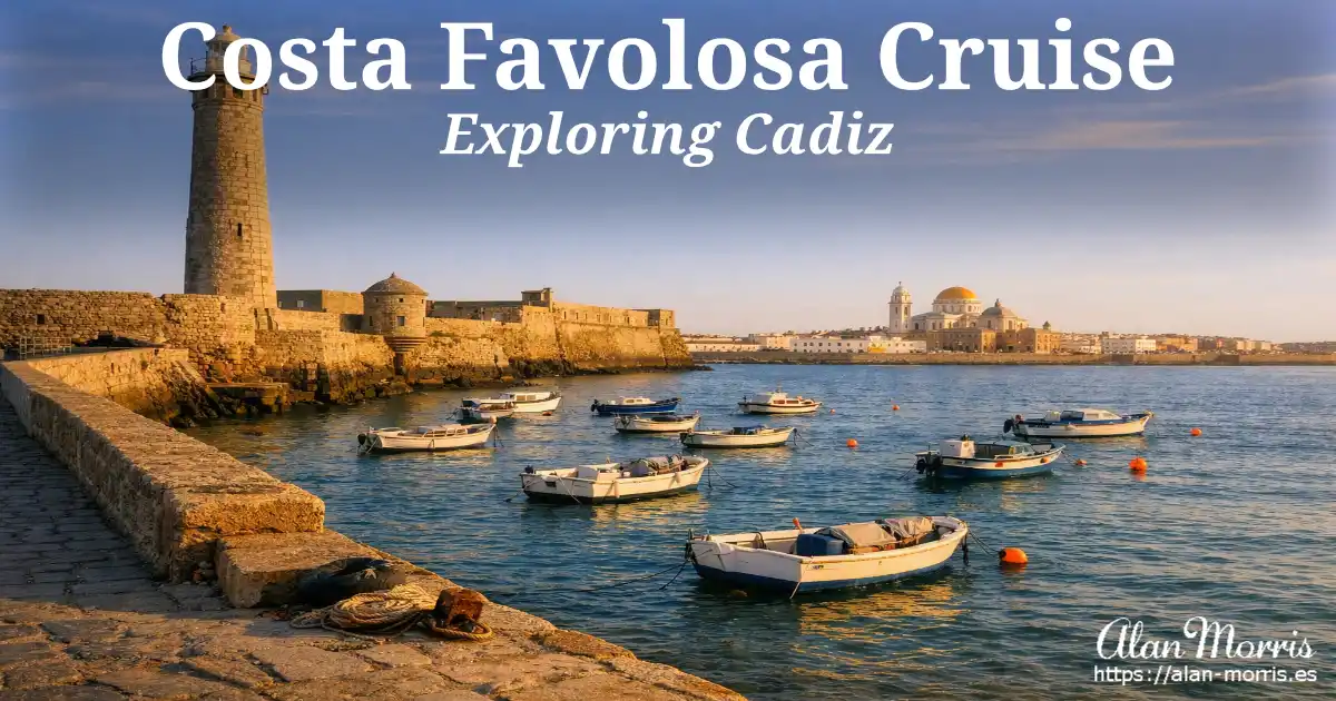View of Cádiz harbor with lighthouse, fortress, small fishing boats, and cathedral dome in warm sunlight.