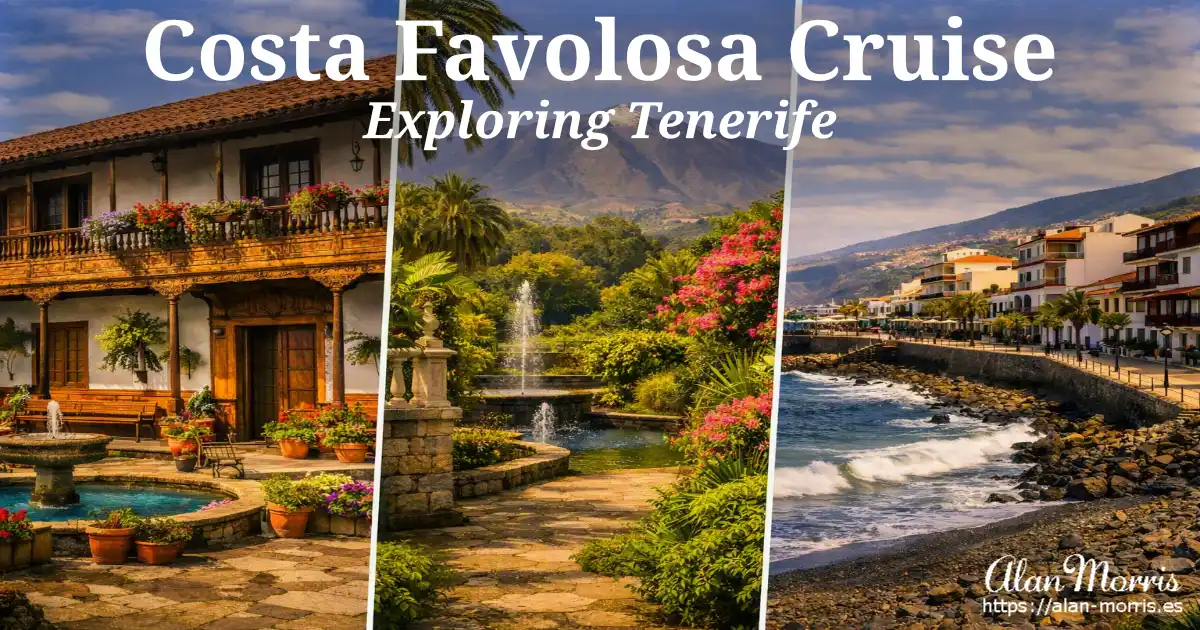 Panoramic view of Tenerife showing La Orotava’s wooden balconies, lush botanical gardens, and Puerto de la Cruz coastline under clear skies.