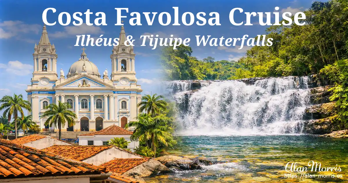 Ilhéus Cathedral with palm trees and rooftops blending into Tijuipe Waterfalls surrounded by rainforest.