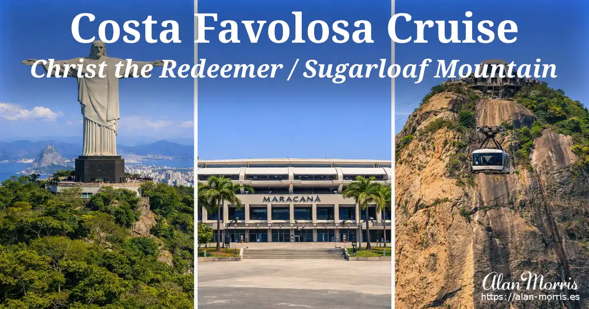 Christ the Redeemer, Maracanã Stadium front view, and Sugarloaf Mountain with cable car mid‑journey.