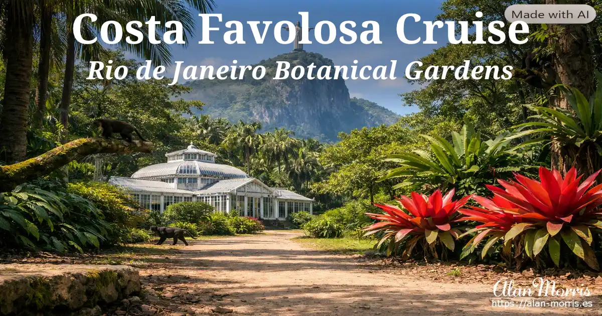 Rio Botanical Garden at midday with white glasshouse, red bromeliads, and Christ the Redeemer above Corcovado.