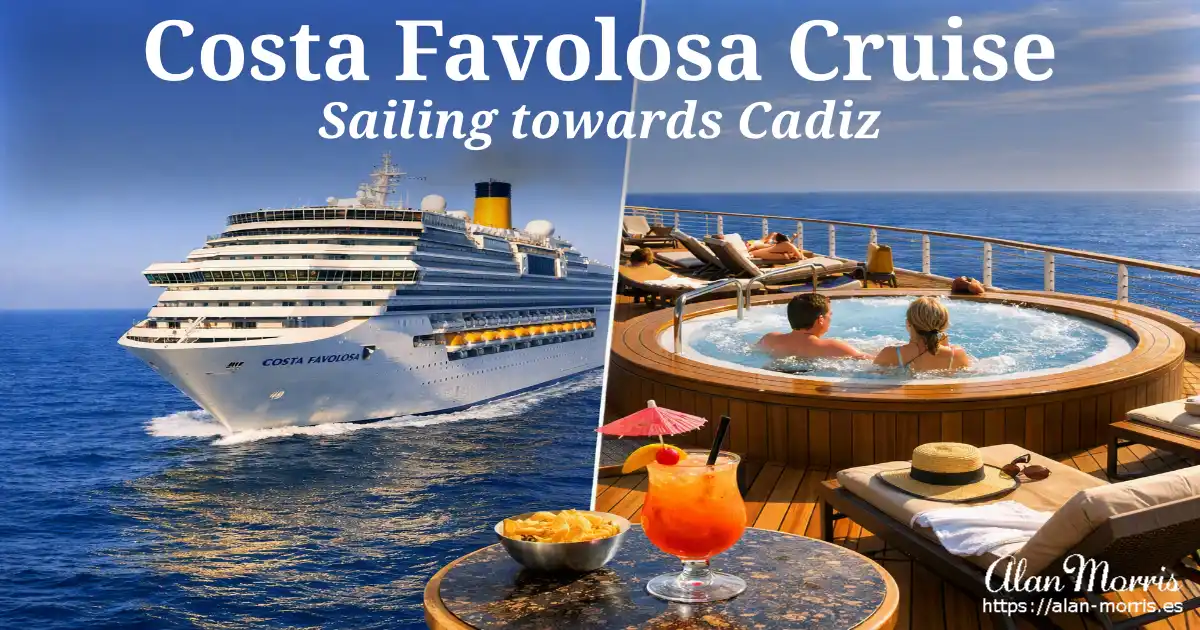 Costa Favolosa cruise ship sailing toward Cádiz under a clear sky, with a raised jacuzzi and ocean‑view deck in the foreground.